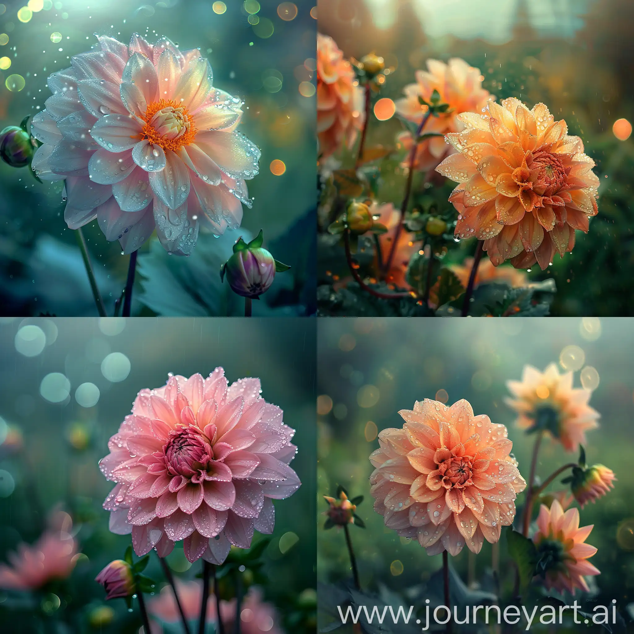 big hypernaturalistic pastel nuances dahlia in foreground with drops of rain. Ambient is humid green vital garden. Point of view is over. High resolution. beautifully shot, hyperrealistic, sharp focus, 64 megapixels, perfect composition, high contrast. Fairy mistic light