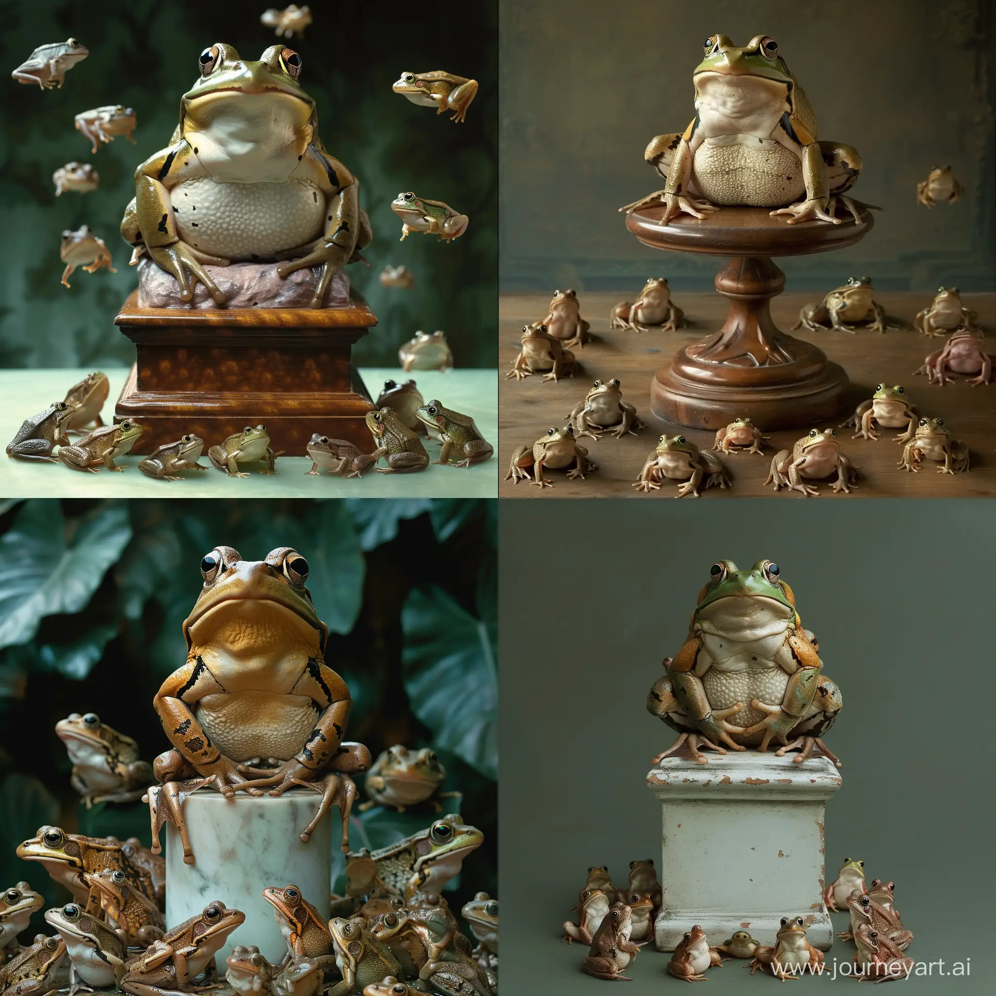 Majestic-Frog-on-Pedestal-Amidst-Tiny-Frogs-Photo