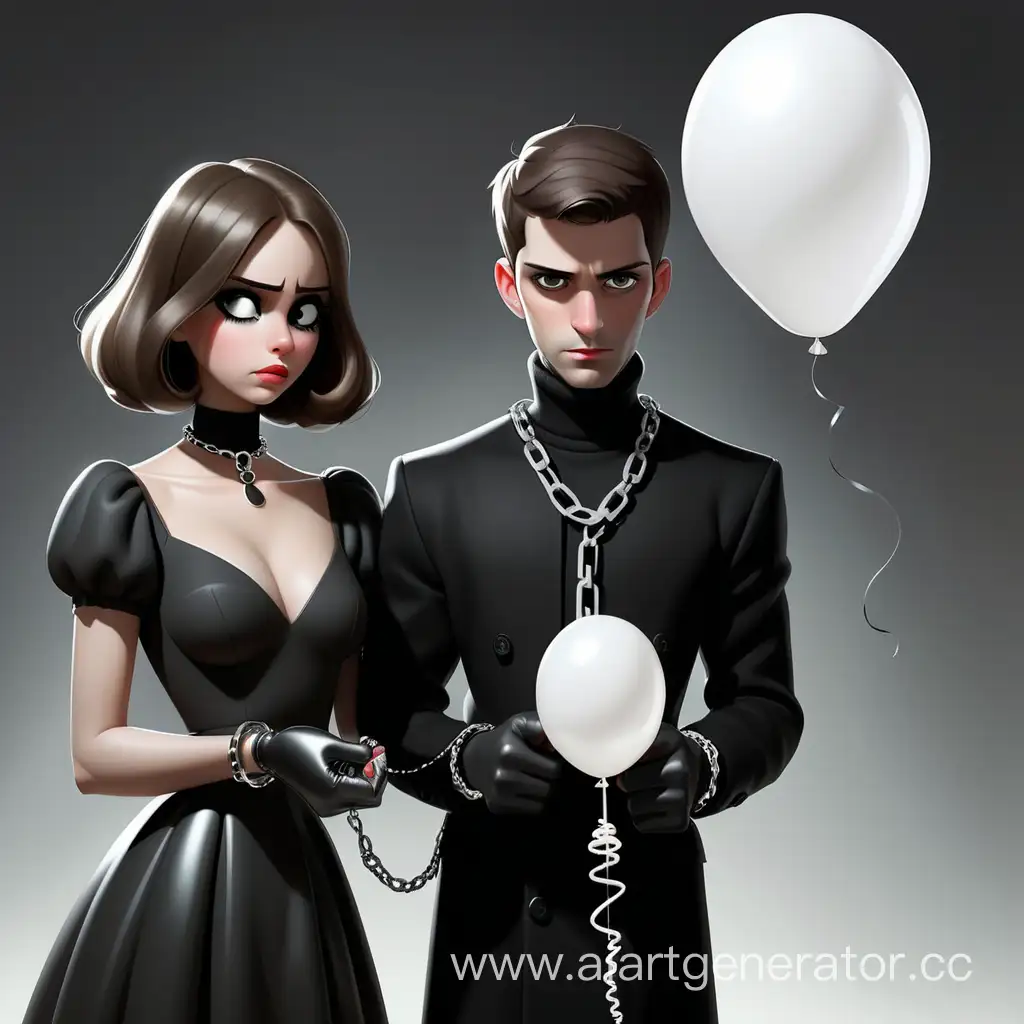 Смотрящая вникуда девочка в черном платье. Она держит в одной руке наручники, в другой белый шарик. Рядом с девочкой стоит парень и смотрит на неё влюбленным взглядом. 
Он одет в черное пальто, черную водолазку, у него на шее серебряная цепочка
