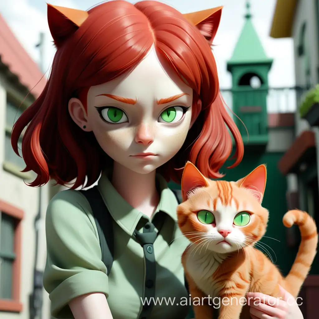 Девочка, с русыми волосами ,с зелёными глазами , котом, и низкого роста