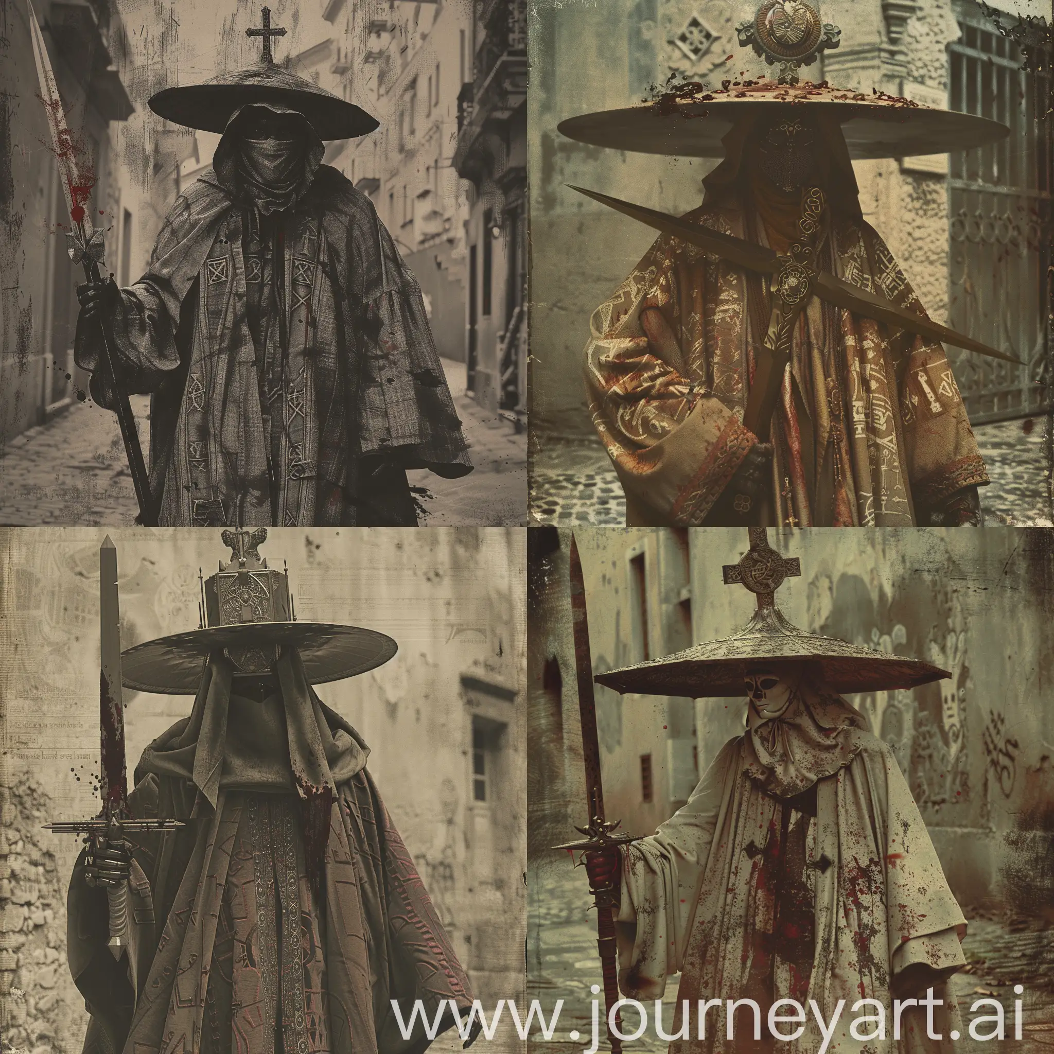 A scholarly figure roams the streets, draped in robes of ancient wisdom. Their face is obscured by a veiled mask, hinting at the forbidden knowledge they seek. Atop their head rests a wide-brimmed hat adorned with arcane symbols, marking them as a member of the esoteric Choir, wielding a cross sword, 1970's dark fantasy book cover style, gritty, dark, vintage, detailed, full body shot camera angle, bloody weapon