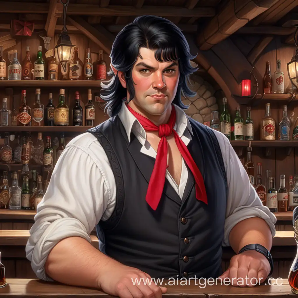 D&d персонаж хозяин трактир за барной стойкой мужчина полноватый чёрные волосы с маленьким хвостом повязка на красная лента белая рубаха, чёрная желетка 

