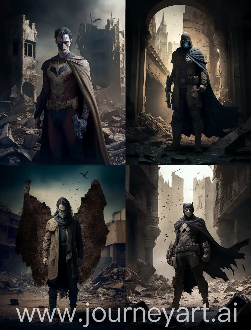 A two-faced man in batman movie in dirt and dirty clothes is standing full-length facing the camera in the middle of the ruins and the ruined city, and in one hand is a gun.