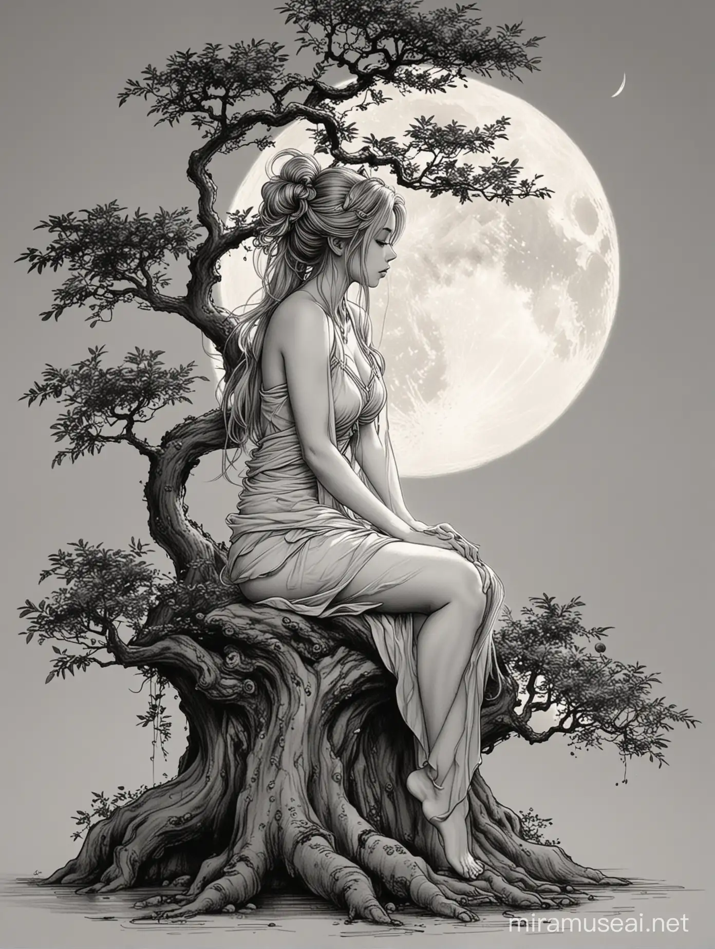 ,fairy sitting sideways with her face covered with her hair, sitting on top of a bonzai tree and with a big moon, hd, drawing for tattoo