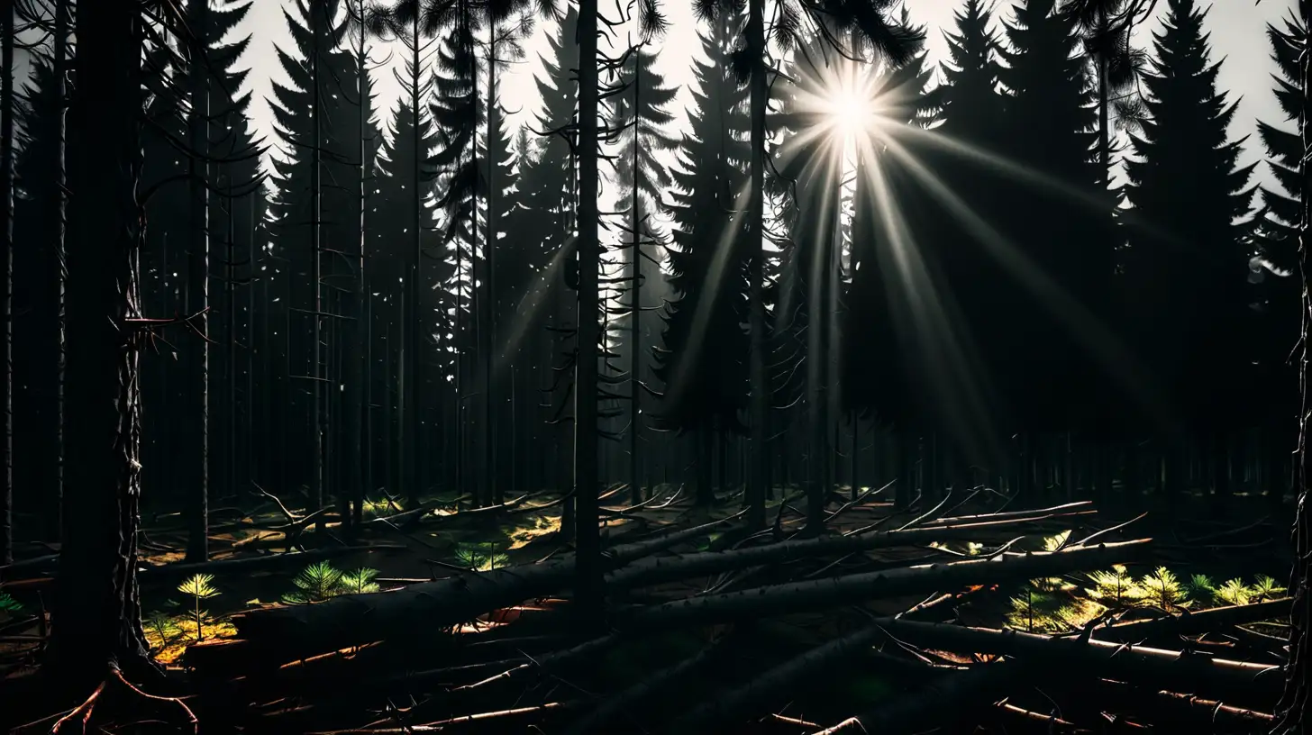 Spruce forest with sun shining through trees. Flat spot in middle. Dark and ominous themed