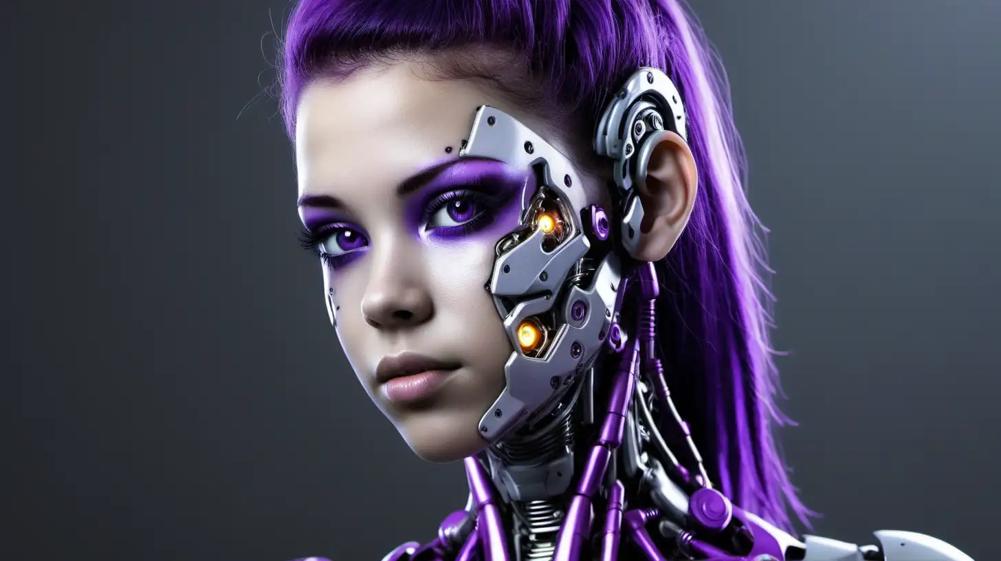 Cyborg woman, 18 years old. She has a cyborg face, but she is extremely beautiful.  A tiny little bit of purple.