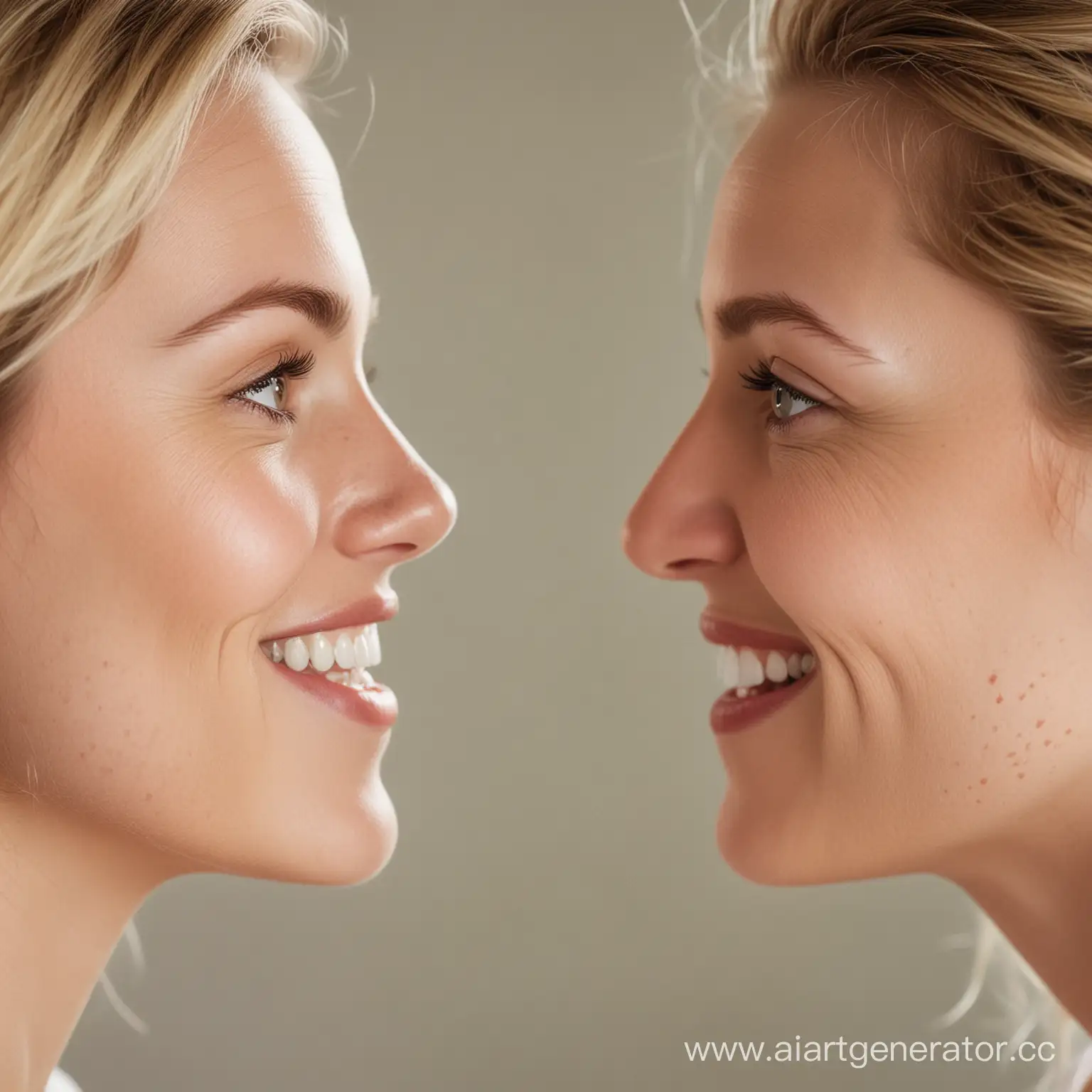 two white women staring at eachother smiling, close up, 