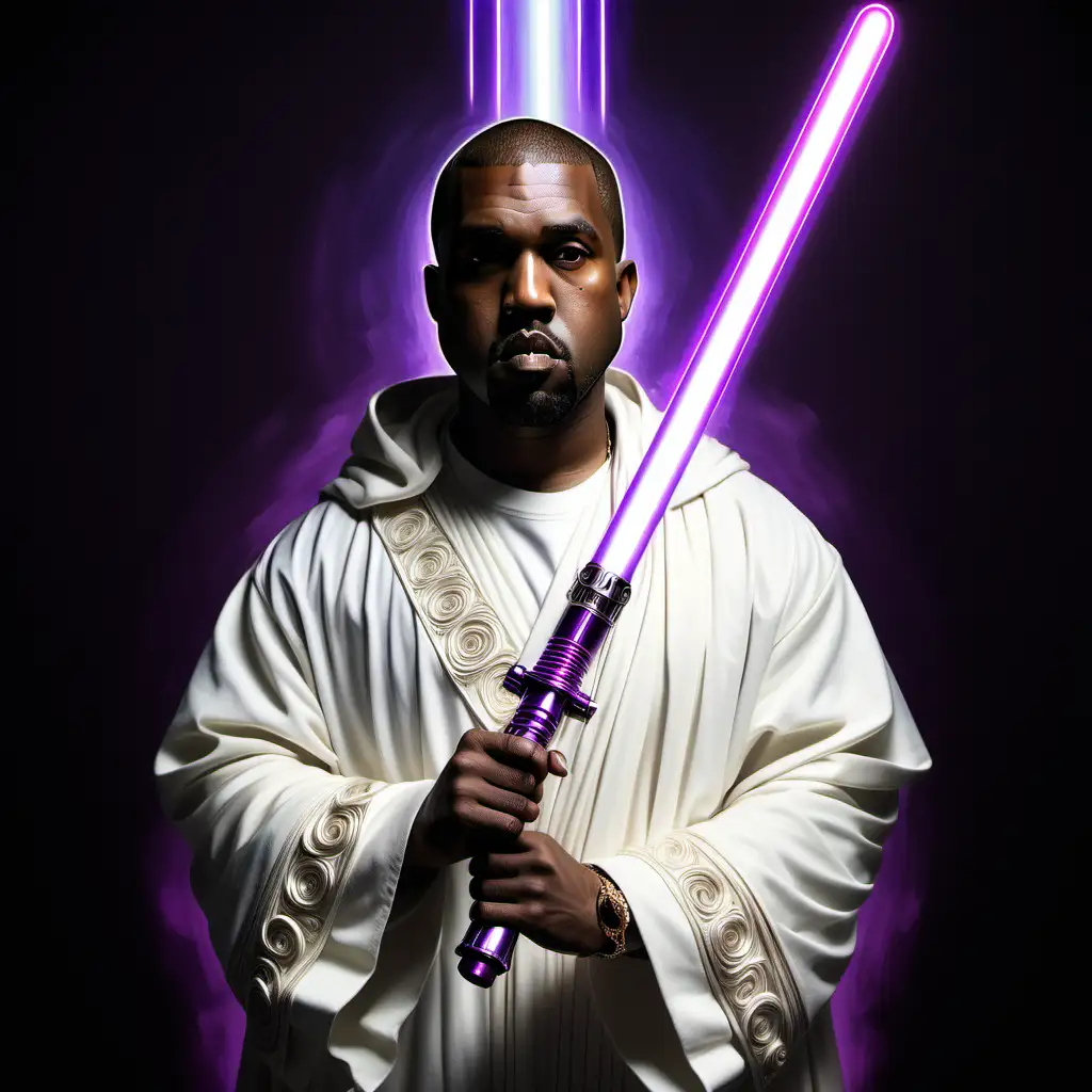 Kanye West Hyper Realistic Jedi Art with Ornate White Robes and Purple Lightsaber