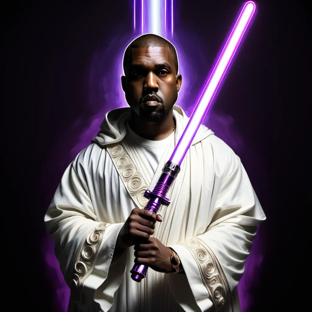 A hyper realistic image of Kanye West as a Jedi wearing ornate white robes and holding a purple lightsaber