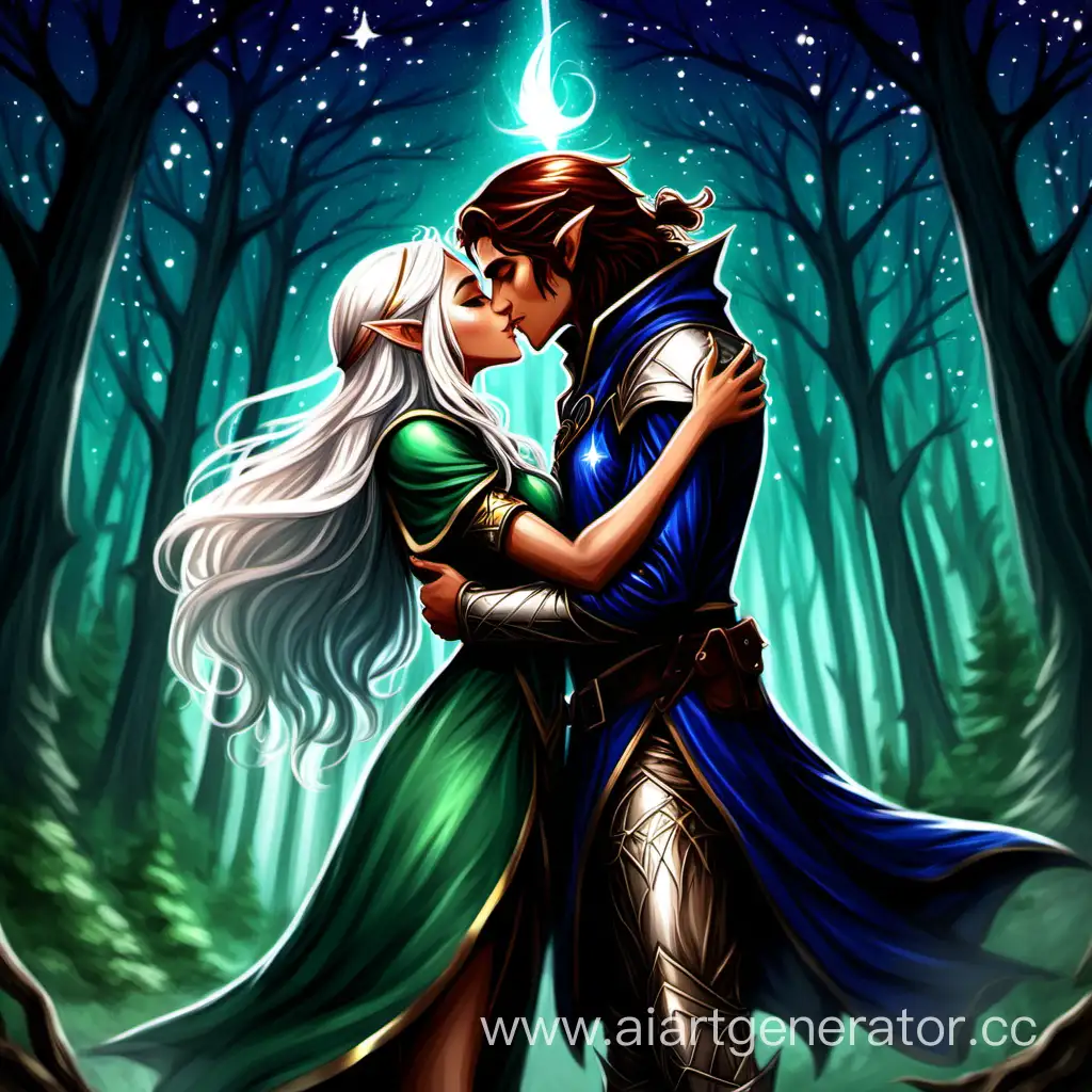 Wizard-Gale-and-Elven-Ranger-Eleanor-Fordragon-Kiss-Under-Starlit-Forest-Canopy