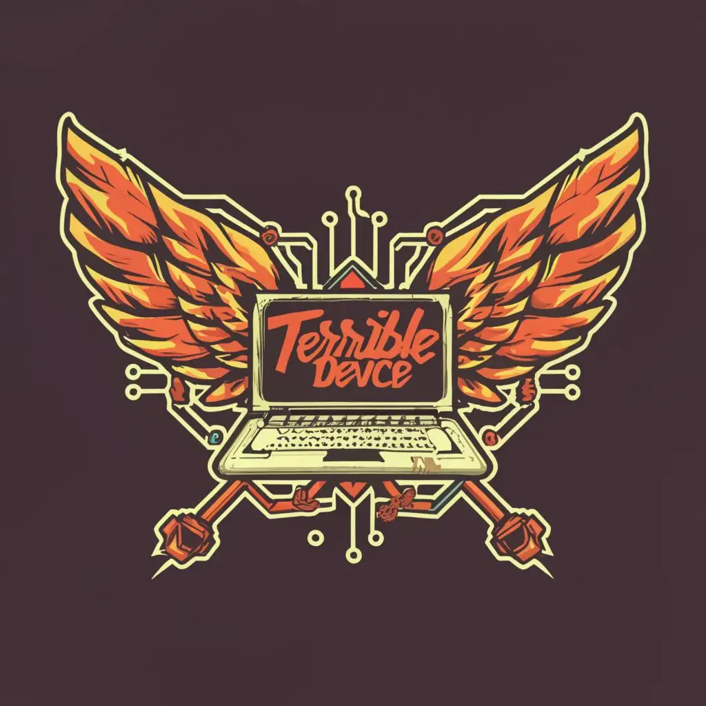 logo, logo, cyberpunk, bladerunner, typography "terribledevice", wings around a laptop with wires, colors "Indianred" and "gold", with the text "terribledevice", punk typography, , with the text "terribledevice", typography, be used in Entertainment industry