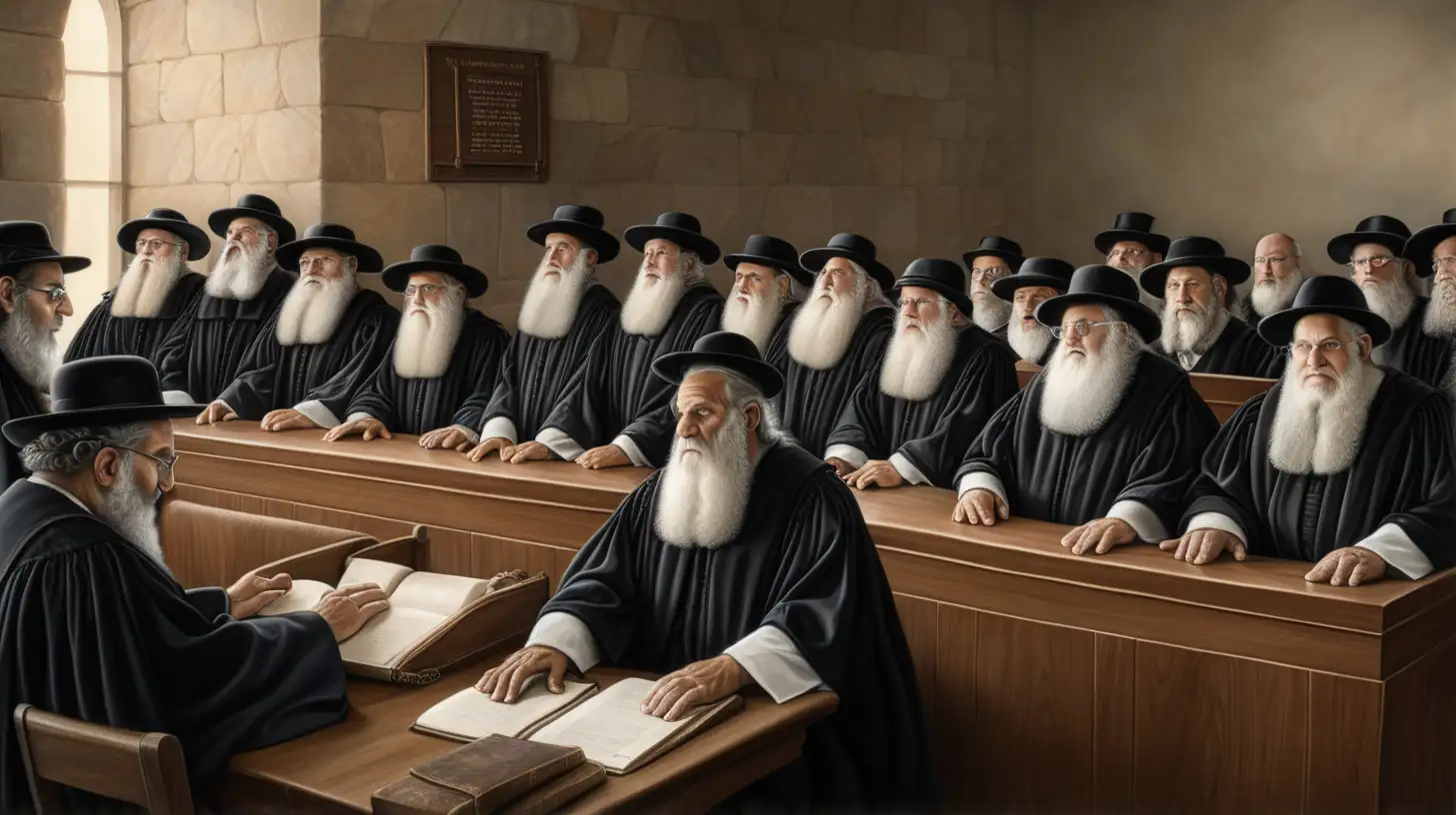 epoque biblique, des juges rabiniques sièges au tribunal rabinique, ils votent à main levée
