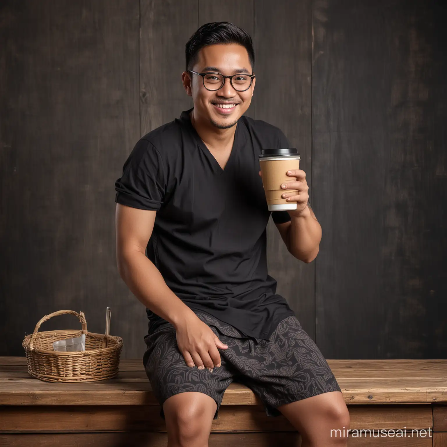 Smiling Indonesian Man Enjoying Warm Coffee on Rustic Wooden Bar Stool