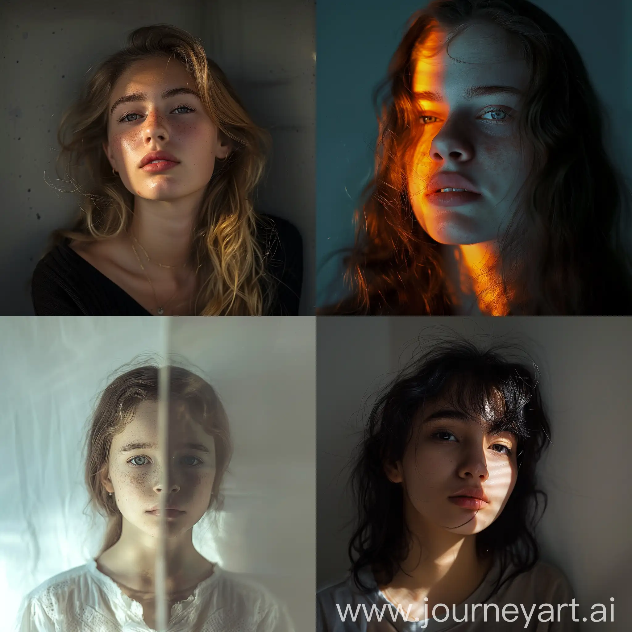 a girl portrait, dual face lighting, dreamy environment, plain background