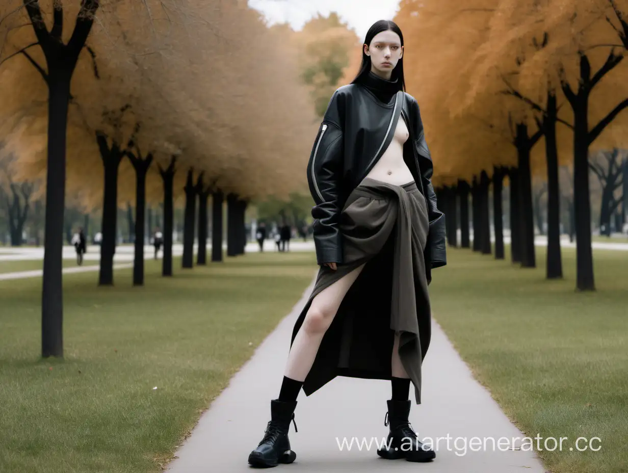 a 20 years old girl, walking in a park, wearing clothes from the brand rick owens.