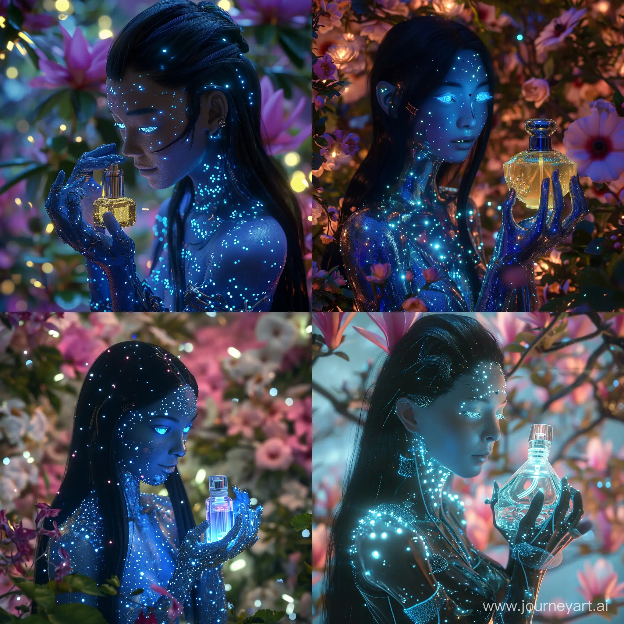 A humanoid avatar with a molecular structure with bioluminescent dots and patterns on its skin holds perfume in its hands! everything sparkles with a touch of magic and mystery, reflecting the beauty of the floral symphony that surrounds them, thanks to the clarity and detail of the 8K Ultra HD image, every petal, every shade of otherworldly charm comes to life in brilliant brilliance, stunning full color. Hair like an avatar!, hair color black, sparkling glowing blue eyes, slightly shimmering iridescent blue skin, beautiful woman, warlike, magical and mystical, detailed and realistic. Only blue skin tone. She holds perfume in her hands, photoreal
