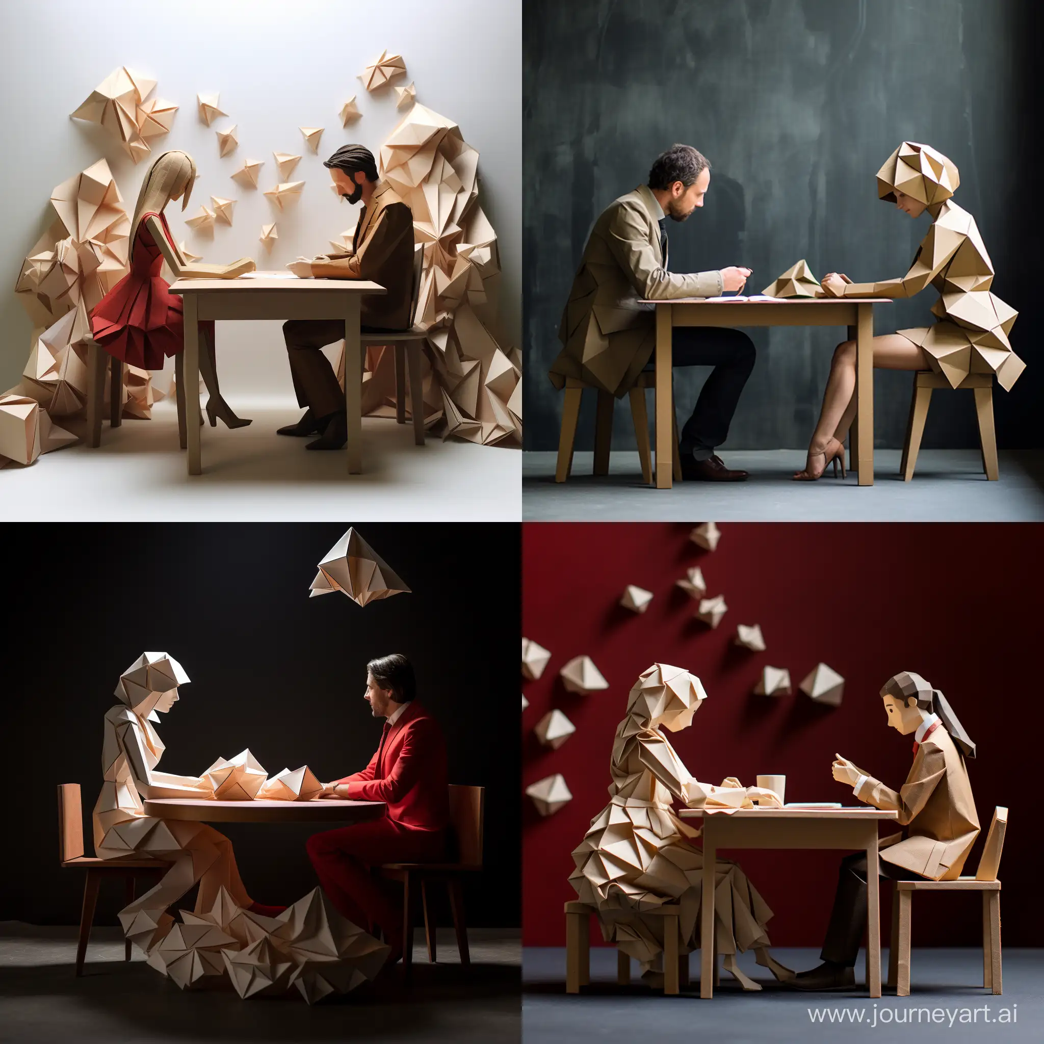un bureau en origami avec un homme et une femme se parlant
