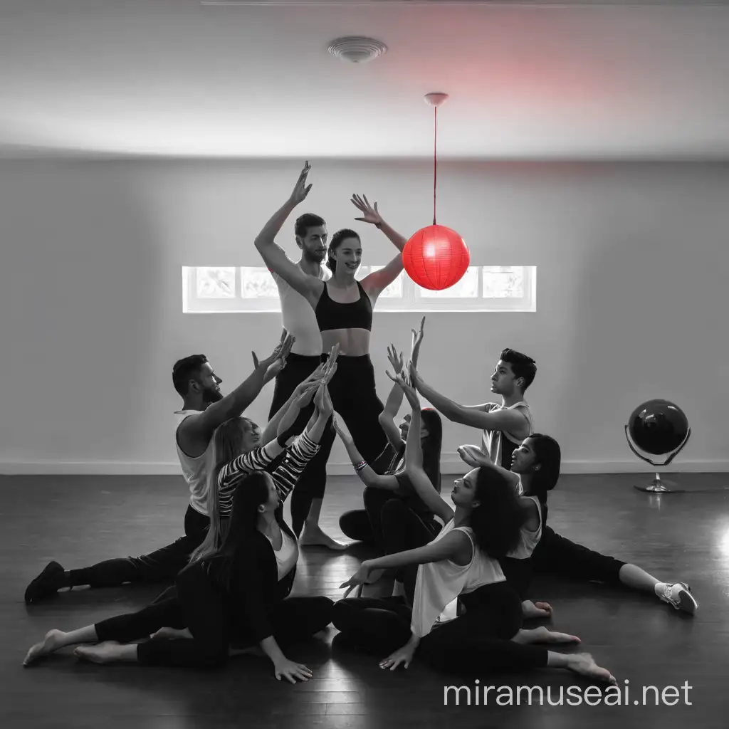 black and white photo of a group of dancers gathered in a circle with their hands up around a central dancer holding a red ball
