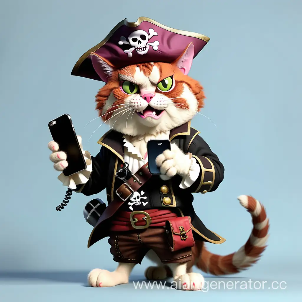 Cat dressed as a pirate and holding a mobile phone

