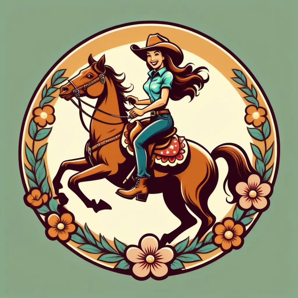 cartoon cowgirl with long hair on a bucking bronco in a floral circle logo retro