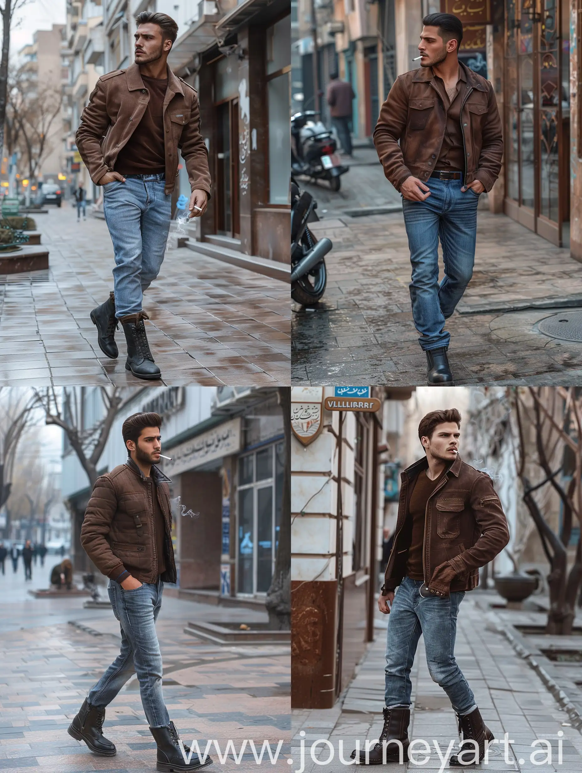 Cinematic, a handsome man walking in Valiasr Street of Tehran, he is wearing a brown biker jacket, straight jean trousers, black leather boots, low faded hairstyle, bronze skinned, looking to the side, hands in pockets, smoking a cigarette, captured on Nikon camera, realistic, high details,