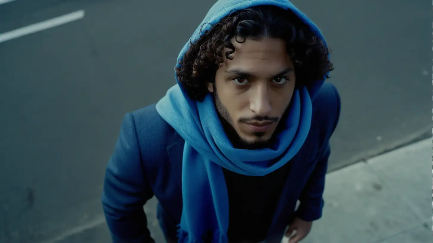 A cinematic scene shot with a Sony cineAlta Birds Eye view of a mixed Puerto Rican man with long curly hair with blue scarf wrapped around his head like a hood posing, high fashion, tweed, ysl, Bay Area, Oakland 
