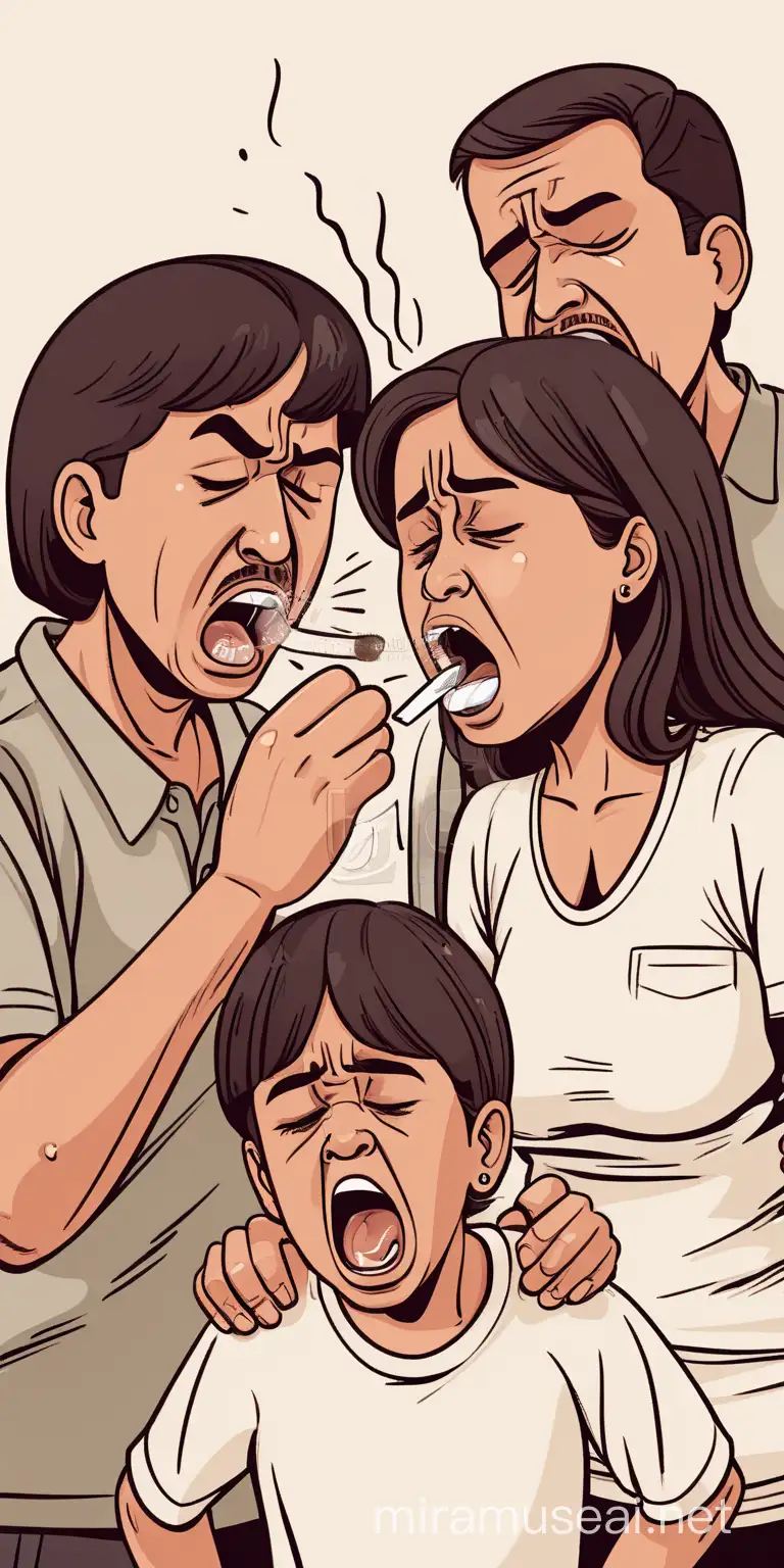 drawing illustration of Hispanic family coughing painfully