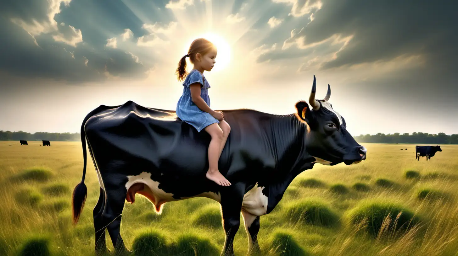 小女孩骑在大黑牛背上，放牧， 太阳挂在空中， 周围是宽广的草原，河水. 女孩骑在牛背上