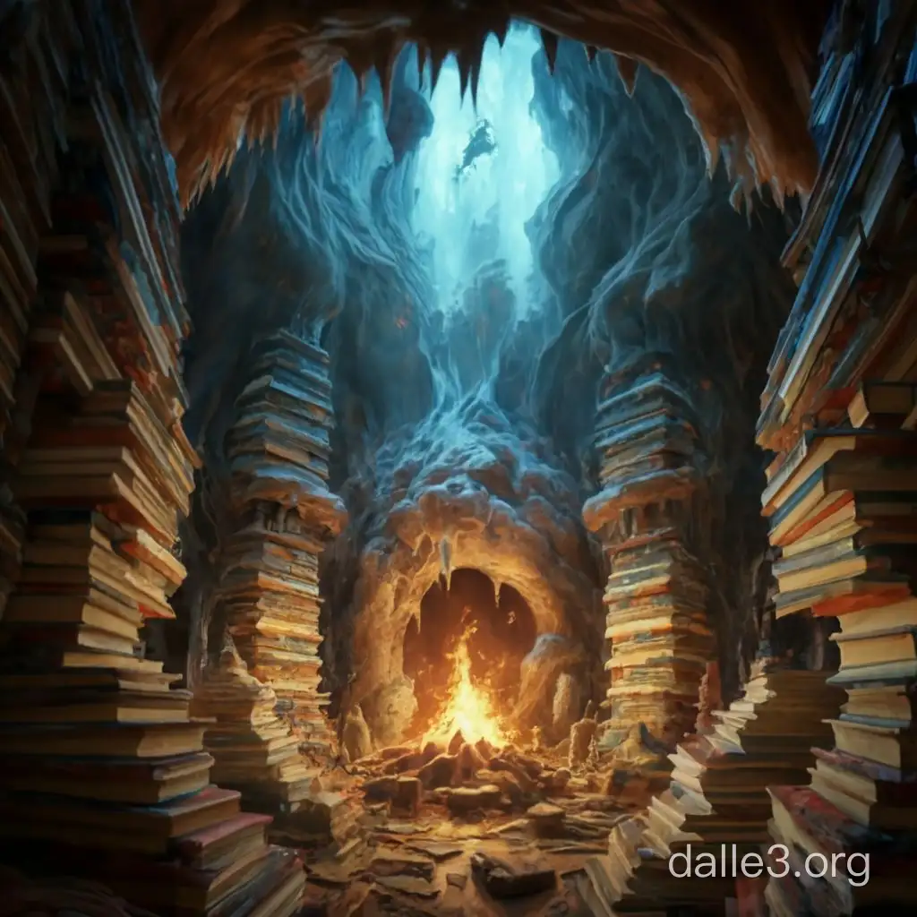 A large cave with stalagmites and a bonfire in its center, all around piled up books and scrolls