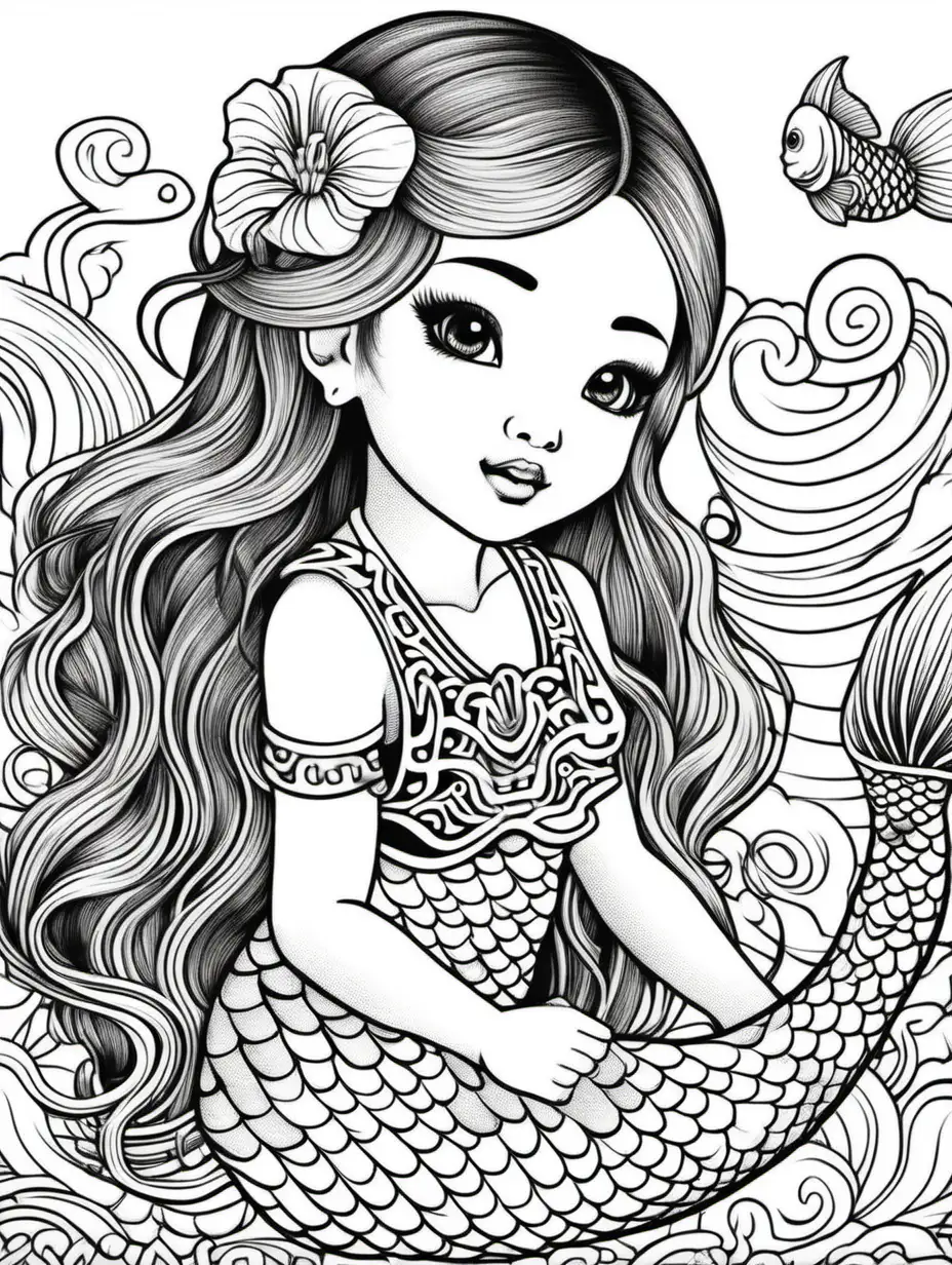 <mermaid chinese child > drawing, coloring book page, no shading. Detailed background