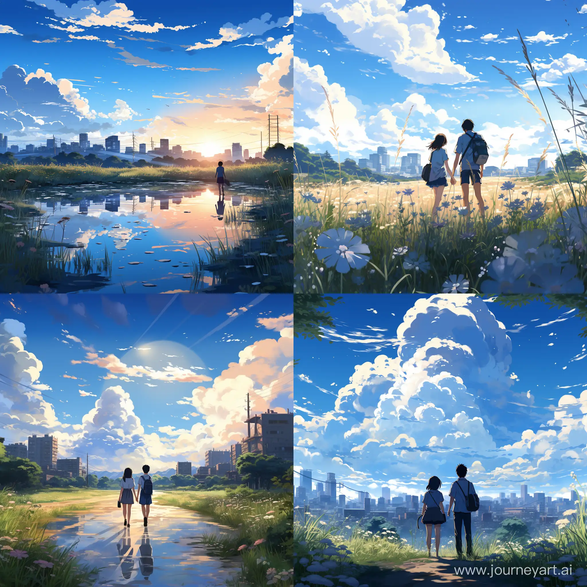 Anime, summer, background city, two teenagers, playing, style of ghibli studio and Makoto Shinkai Byousoku 5 Centimeter, blue dead sky, advanced sense of color scheme, national trendy illustration, 8k, rich details,  natural lighting, minimalism --s 400