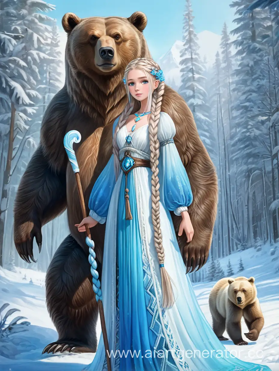 Snegurochka with an icy staff in a long white dress, blue long braids, next to a brown bear