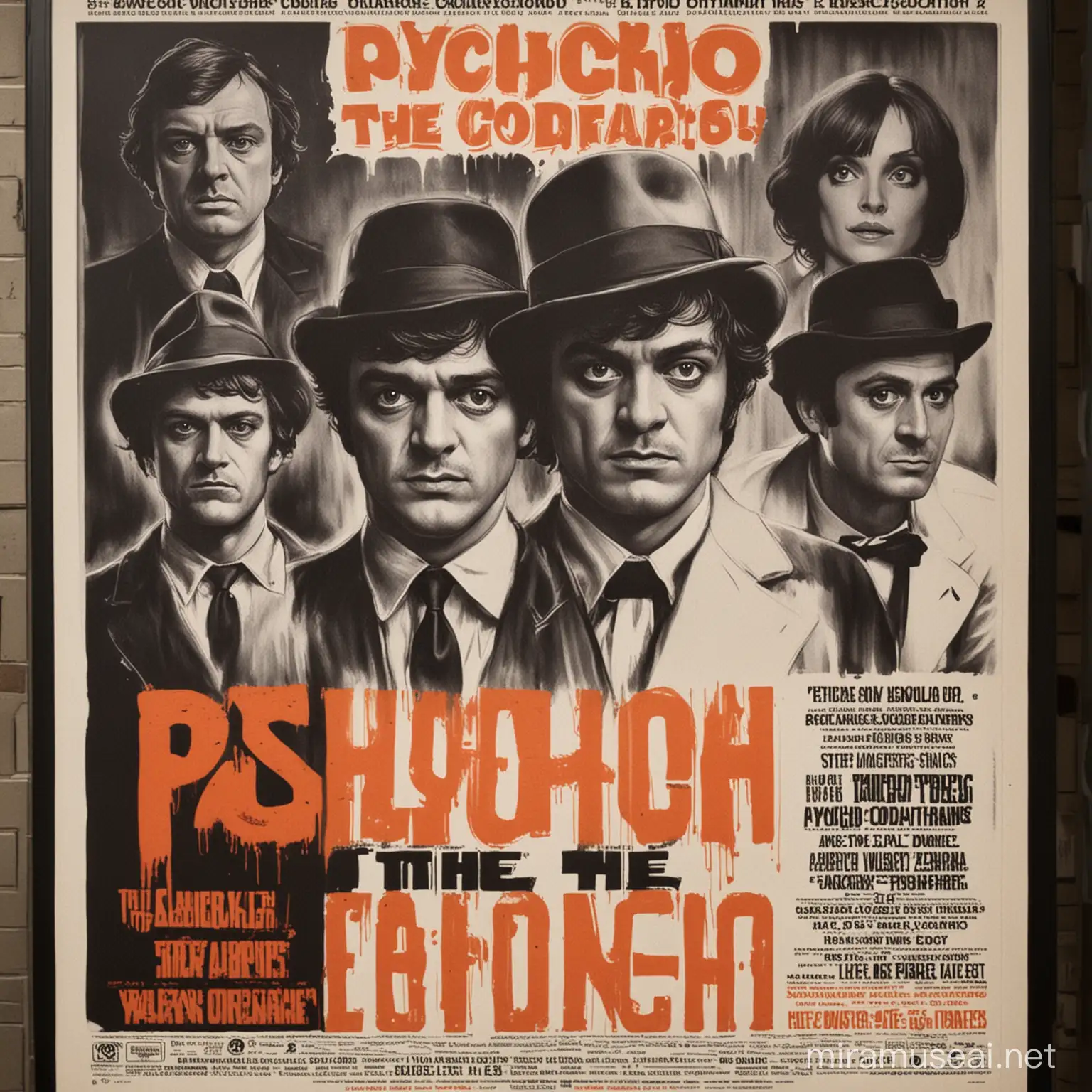 Poster of a Cinema where they will screen "A Clockwork Orange", "Psycho" and "The Godfather"
