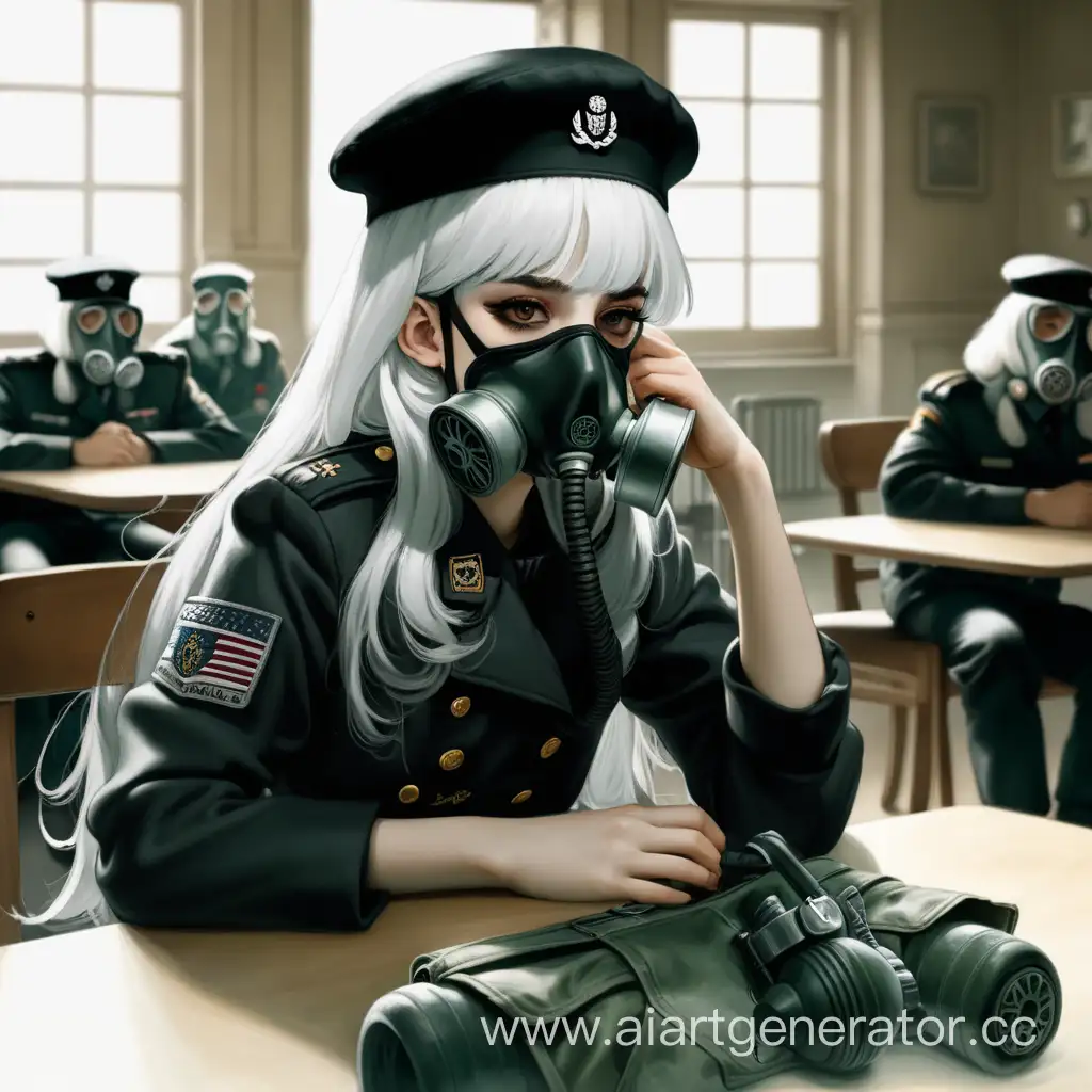 Девушка с белыми волосами, с чёрным армейским беретом сидит на кресле за столом, на ней надеты противогаз покрывающий лишь лицо, но не глаза