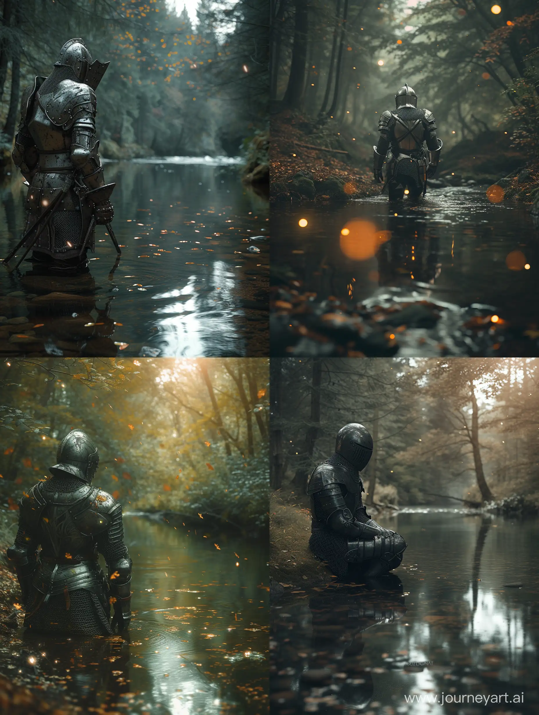hyper realistic wearing medieval armor  in a forest near a river; hyper realistic scene with all cinema techniques, lights, water, reflection, etc.; all the techniques that exist to make a photo hyper realistic and cinematic.