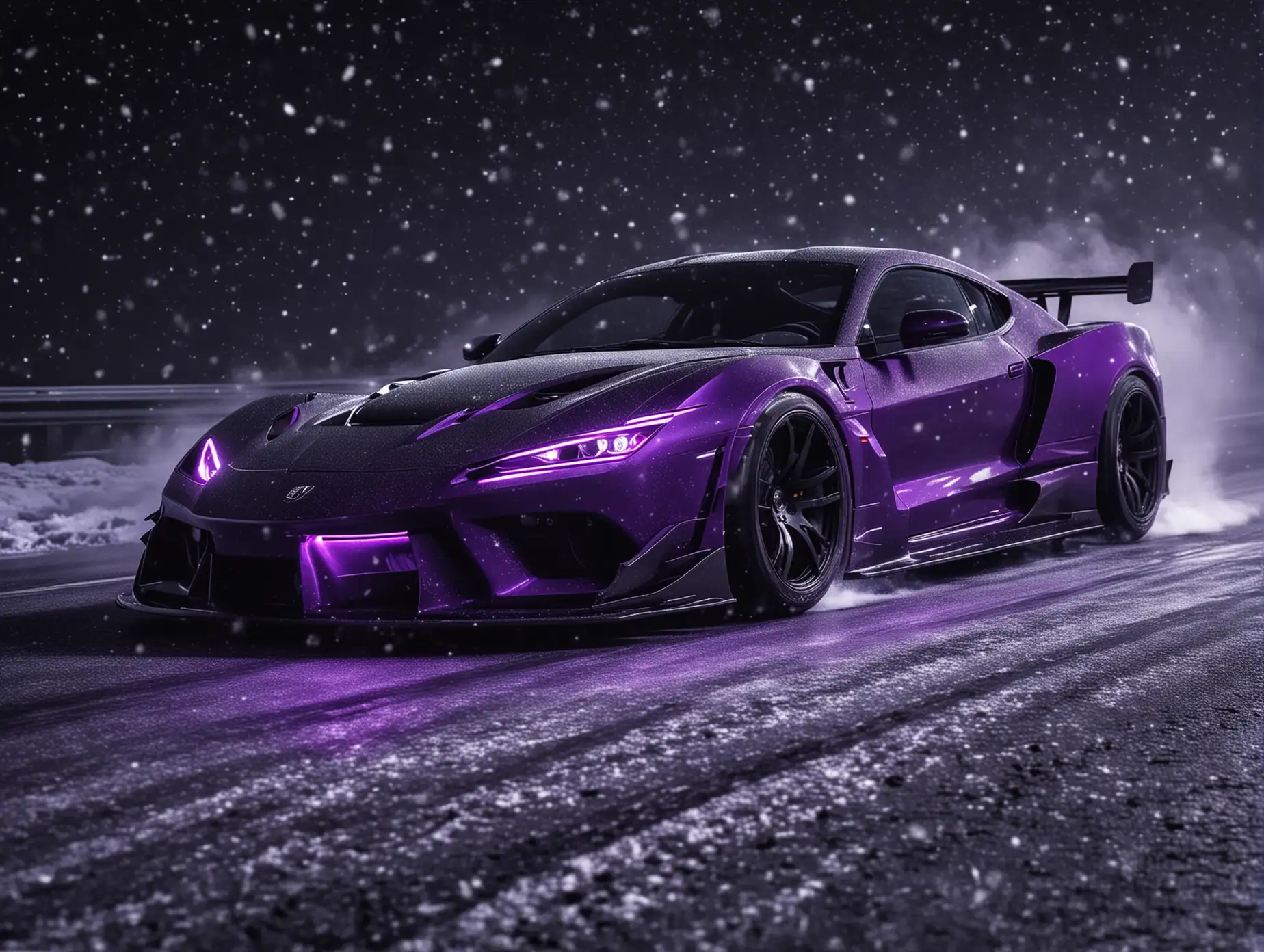 TUNED concept  sport cars DRIVING AT NIGHT DRIFTING DARK COLORS THE ROAD BLACK CARBON THE CAR COLOR darker makes it snow and add dark purple light on the tires