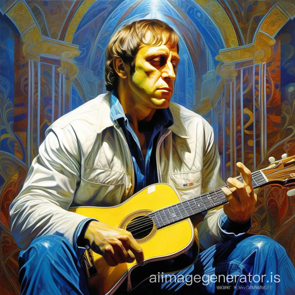 Imagine Vladimir Vysotsky in the style of Donato Giancola. masterpiece, best quality, High contrast, colorful, stark, dramatic, detailed background, high quality, Donato Giancola,