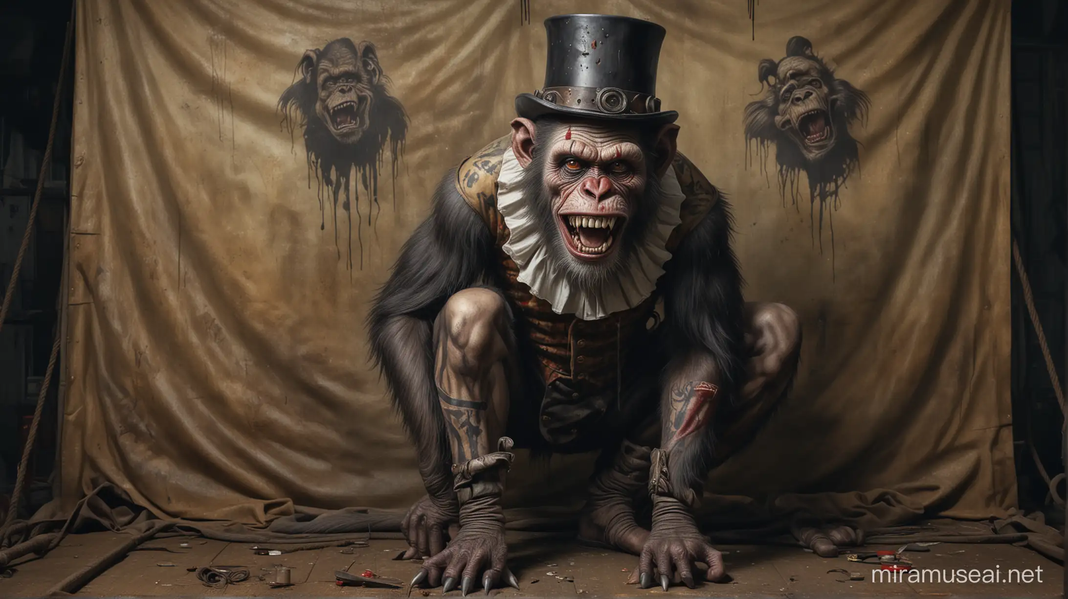 Grotesque Monkey Mechanic in Vintage Circus Tent
