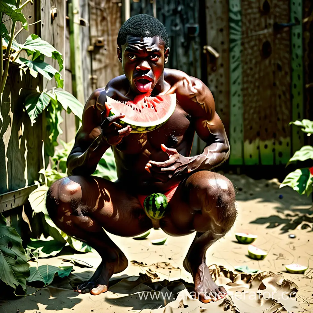 Enjoying-a-Refreshing-Moment-African-American-Man-Squatting-and-Eating-Watermelon