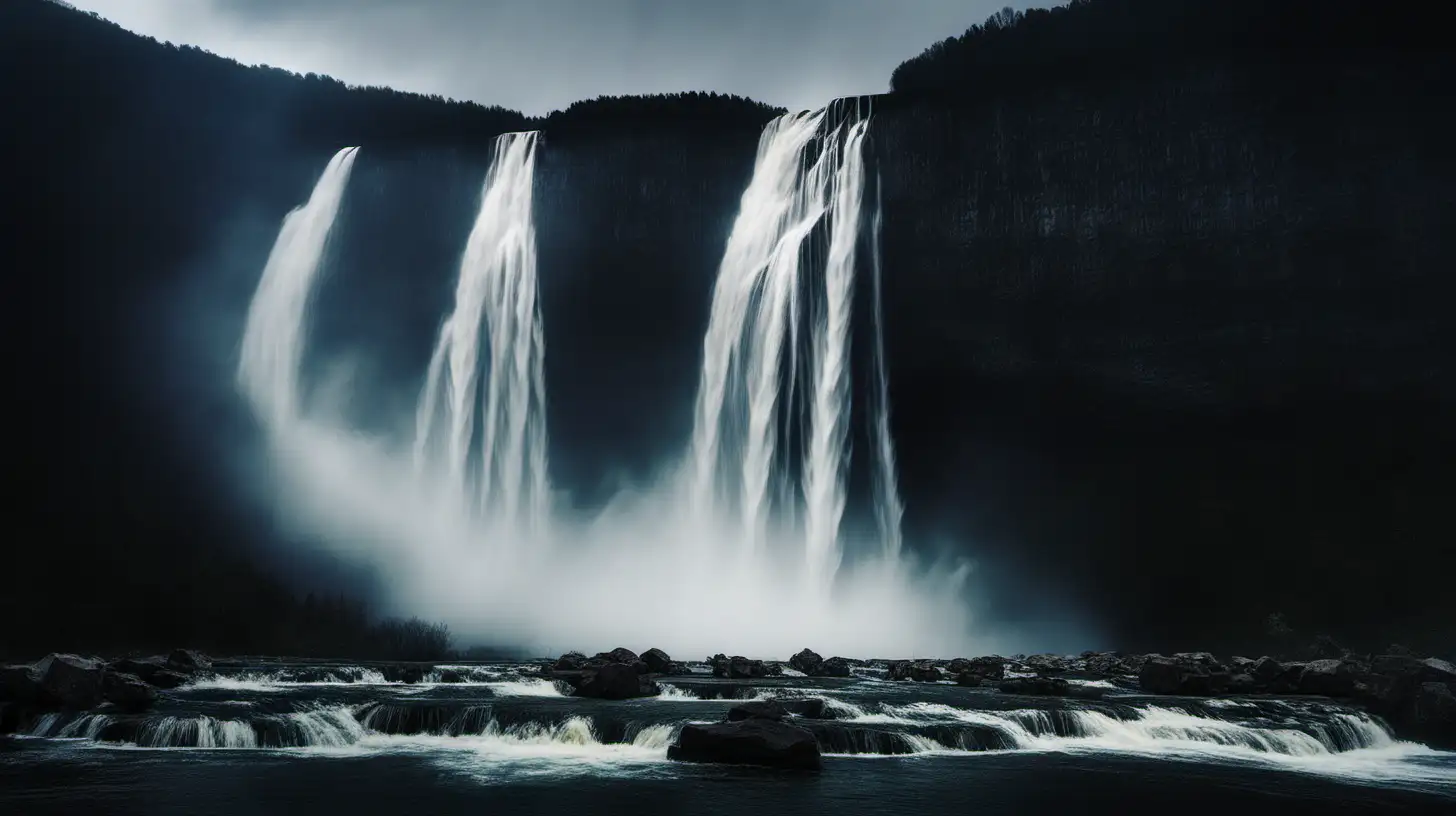  huge waterfall falling into River against dark background 