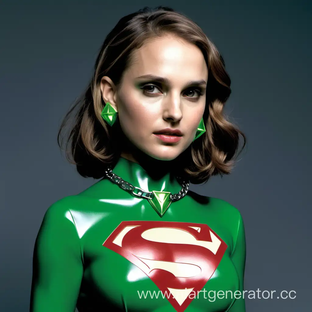 natalie portman wearing a green latex supergirl  costume with green kryptonite chain collar