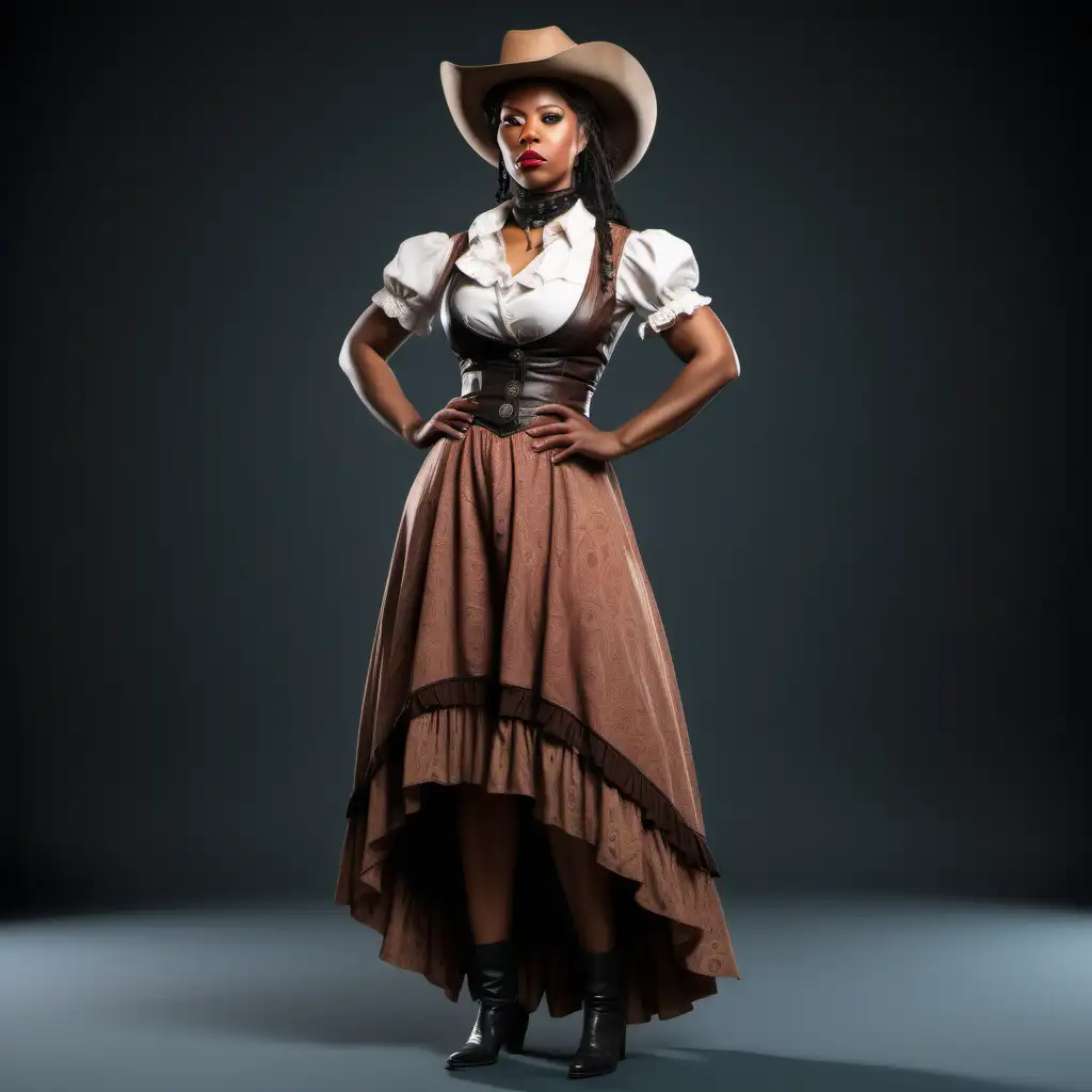 full body view,  a beautiful, wild Wild West saloon worker, african- American woman wearing a dress set realistic looking to the right no hat