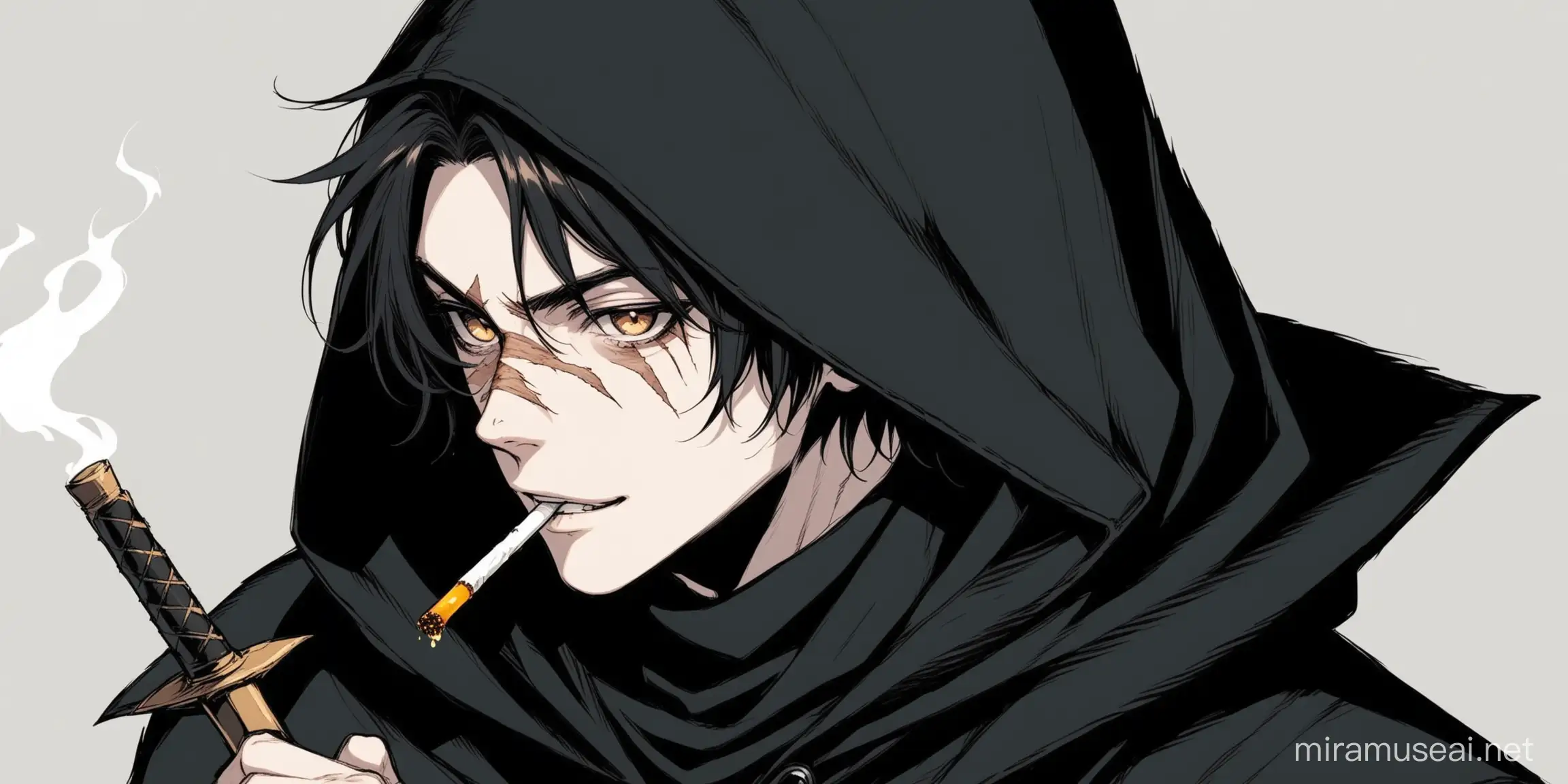 young boy, pale skin and black hair, deep eyes, wears a black cloak similar to a coat with a hood, he has a cigarette in his mouth and a scar in his eye, he has brown eyes of honey, the face has a sarcastic smile clothes like a rogue, but kind of modern
carries two black daggers

