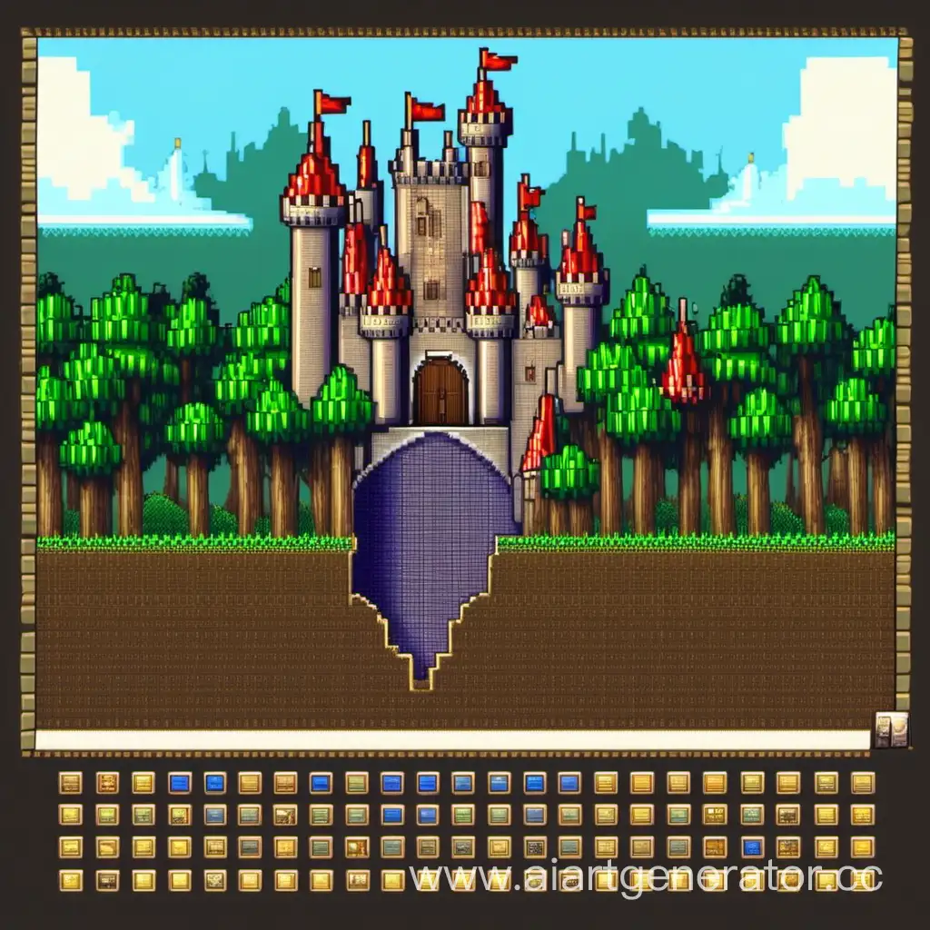 меню игры 500 на 500 пикселей с замком в пиксель арте на фоне