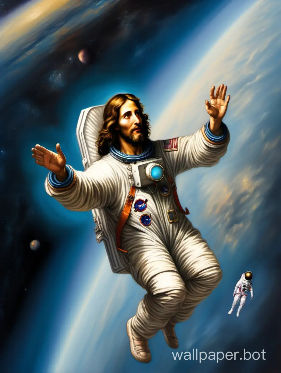Jesus Christ wears a spacesuit and astronaut helmet, he boards SpaceX, he waves to the crowd below, very wide shot, realistic, detailed, friendly atmosphere, oil painting in the style of Rembrandt