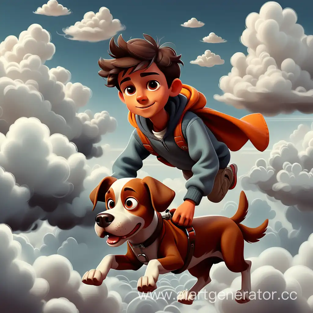boy flying between the clouds with a dog