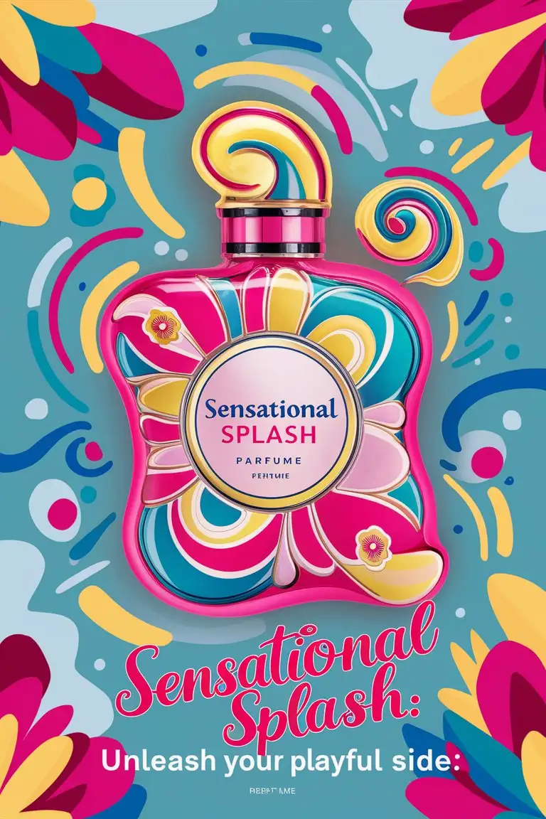 make me a poster for a new perfume ad with a catchy slogan and uses fun bright colours 