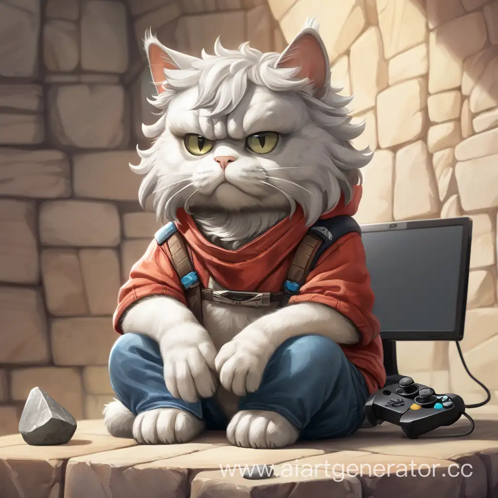 Кот геймер ростом с человека сидит с каменным лицом 