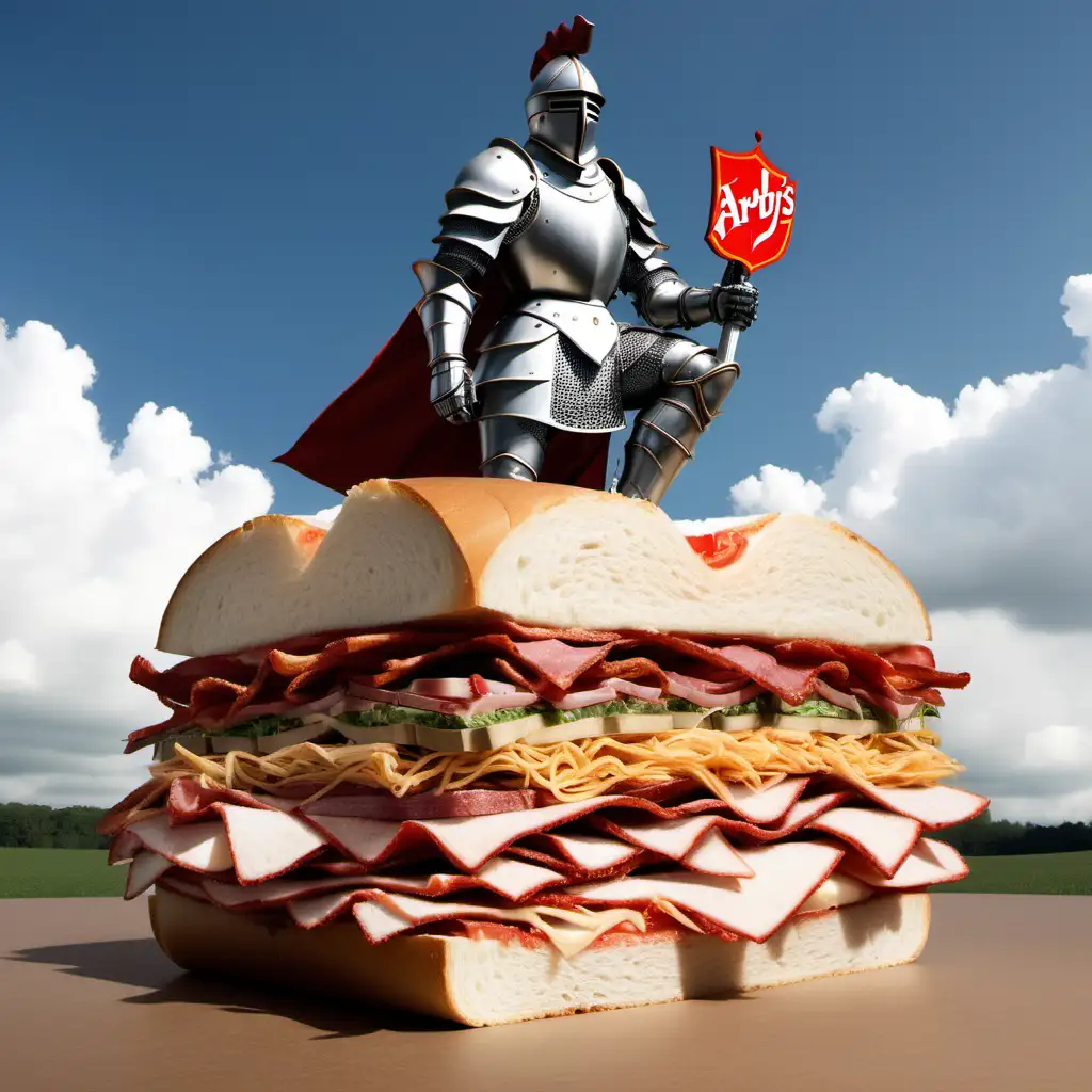 A knight in the middle of a giant arbys sandwich