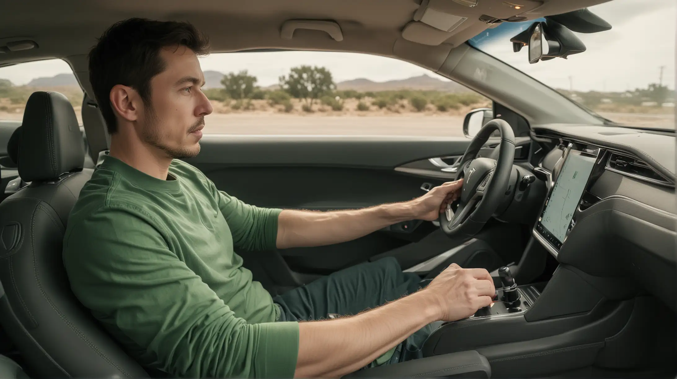 Man in Green Top Driving Tesla Car Interior Shot